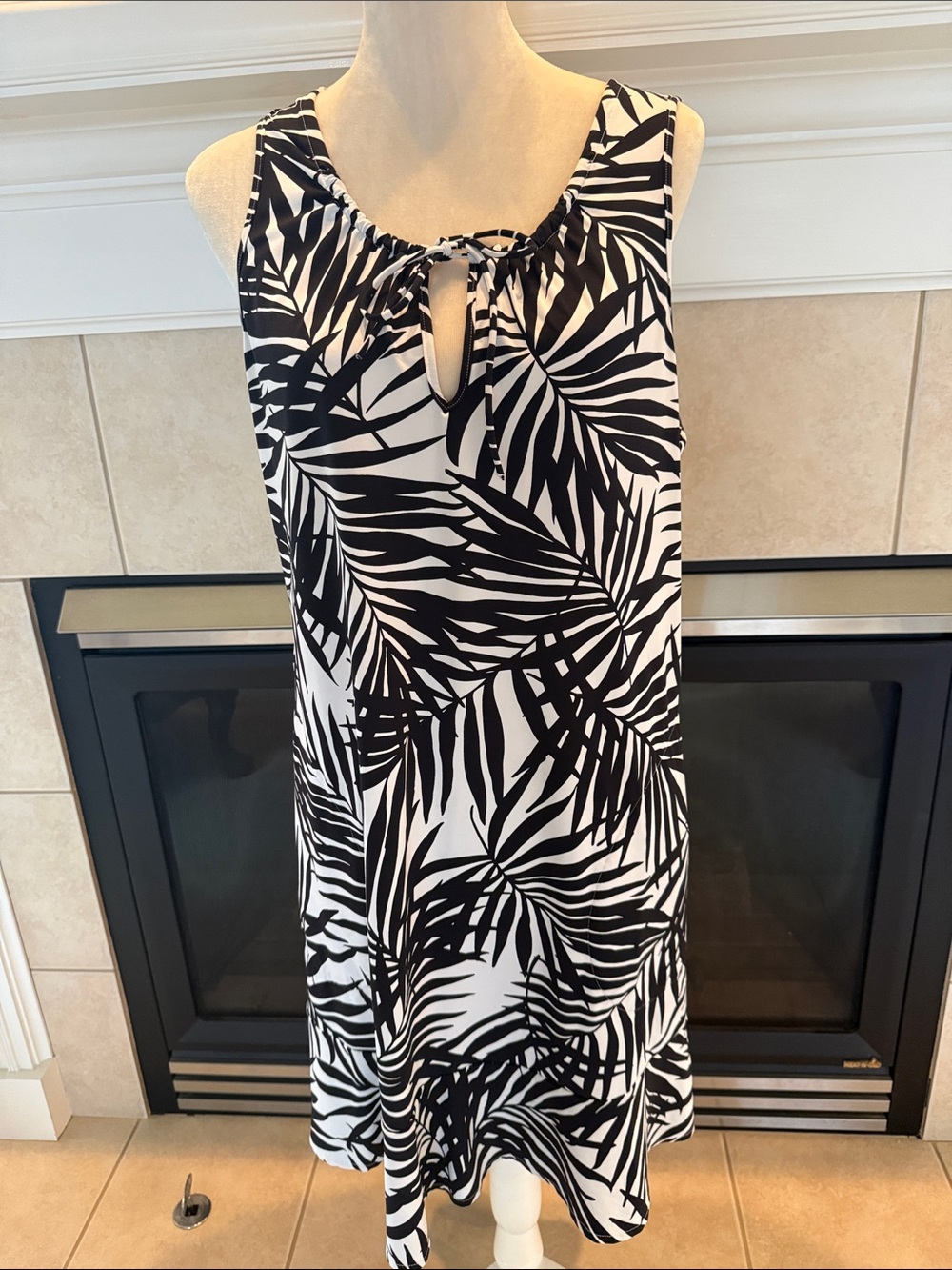 Lands' End Black and White Palm Leaf Tie-Neck Coverup